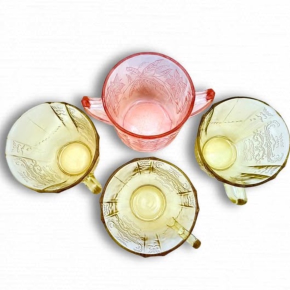 Depression Glass Vintage Tea Cups Sugar Bowl Set Madrid, Poinsettia Pink Yellow - Picture 2 of 10